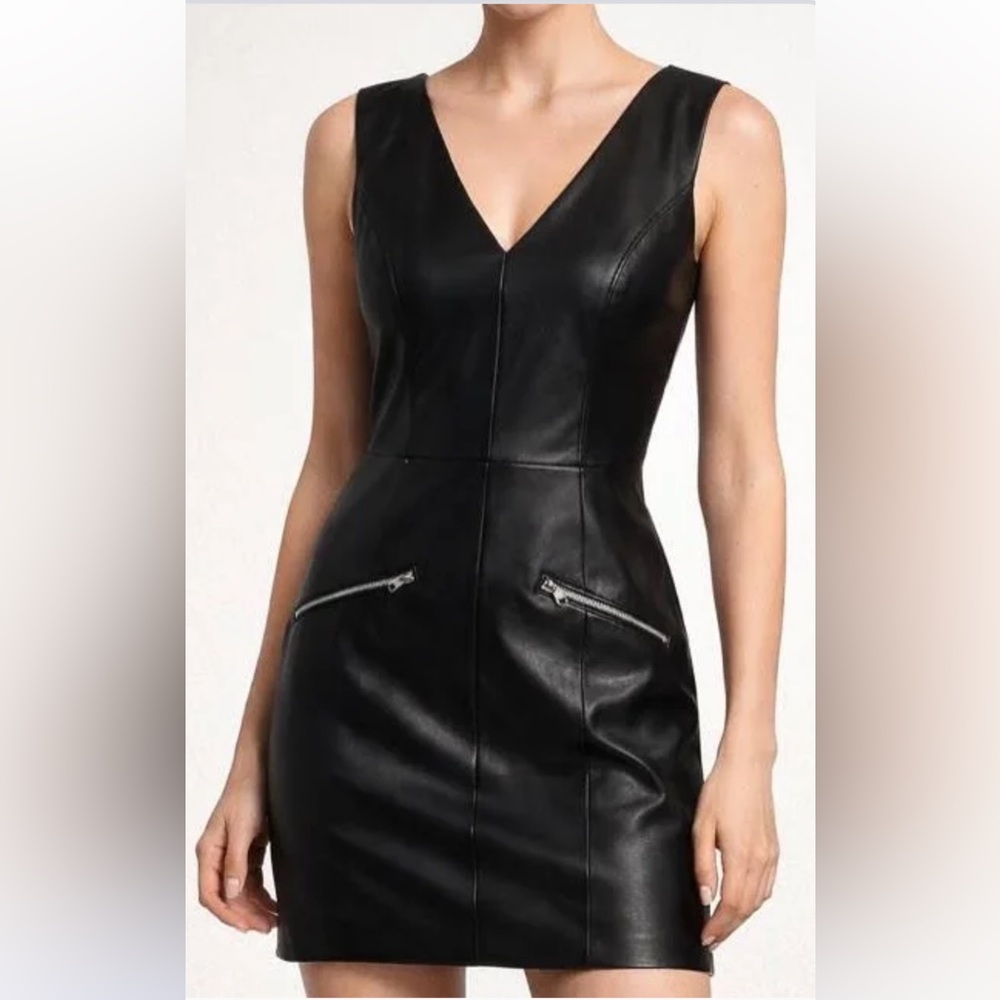 Zara Faux Leather Mini Dress Black V-Neck Zip Detail Sleeveless Bodycon